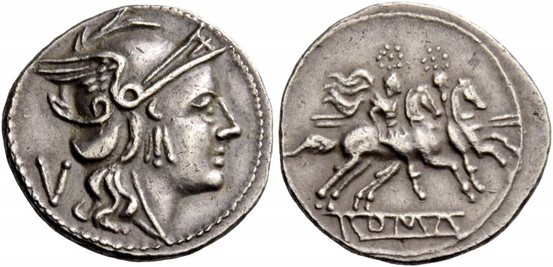 Quinarius circa 214-213, AR 1.79 g. Helmeted head of Roma r.; behind, V. Rev. Th...