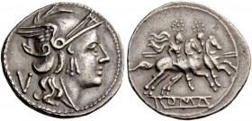 Quinarius circa 214-213, AR 1.79 g. Helmeted head of Roma r.; behind, V. Rev. The Dioscuri galloping r.; in exergue, ROMA in linear frame. Sydenham 16...