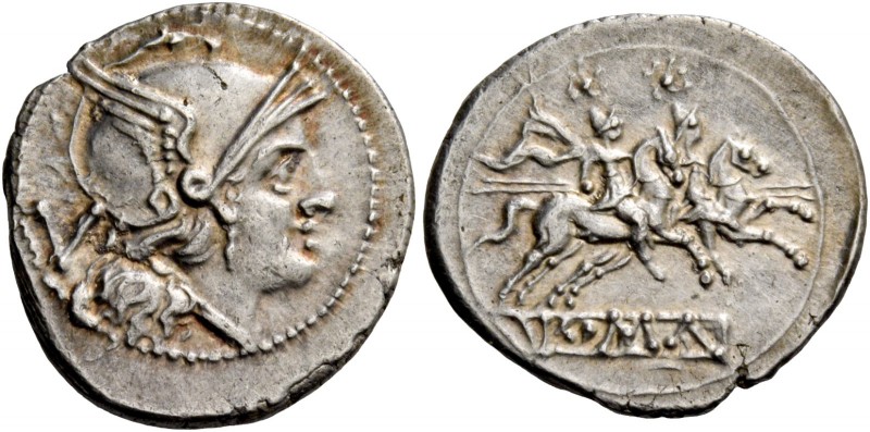 Quinarius circa 214-213, AR 2.30 g. Helmeted head of Roma r.; behind, V. Rev. Th...