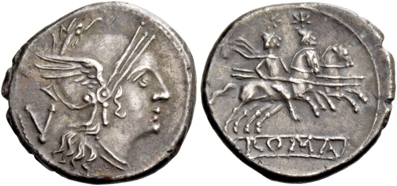 Quinarius, uncertain mint after 211, AR 2.15 g. Helmeted head of Roma r.; behind...