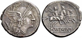 Quinarius, uncertain mint after 211, AR 2.15 g. Helmeted head of Roma r.; behind, V. Rev. The Dioscuri galloping r.; in exergue, ROMA. Sydenham 141. R...