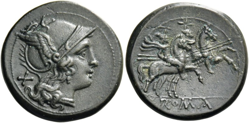Denarius after 211, AR 4.43 g. Helmeted head of Roma r.; behind, X. Rev. The Dio...