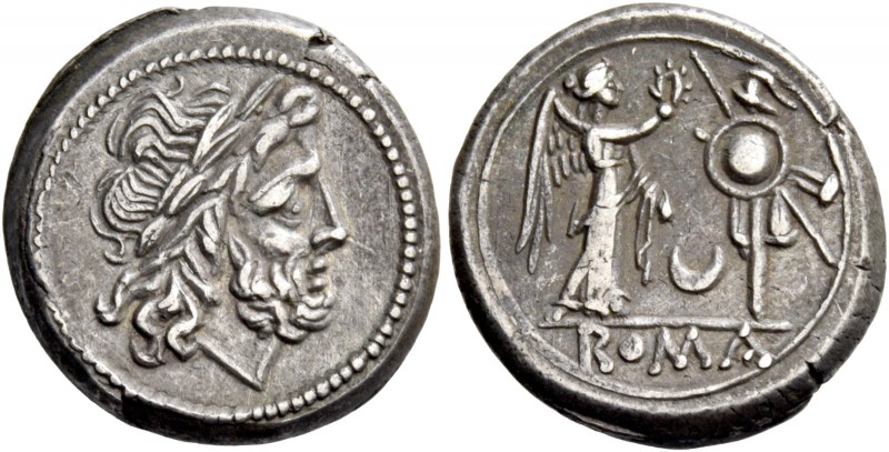 Victoriatus circa 207, AR 3.62 g. Laureate head of Jupiter r. Rev. Victory r., c...