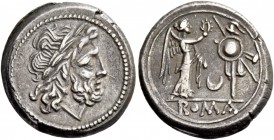 Victoriatus circa 207, AR 3.62 g. Laureate head of Jupiter r. Rev. Victory r., crowning trophy; in field, crescent and in exergue, ROMA. Sydenham 220....