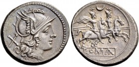 Crescent (first) series. Denarius circa 207, AR 4.53 g. Helmeted head of Roma r.; behind, X. Rev. The Dioscuri galloping r.; above, crescent and below...