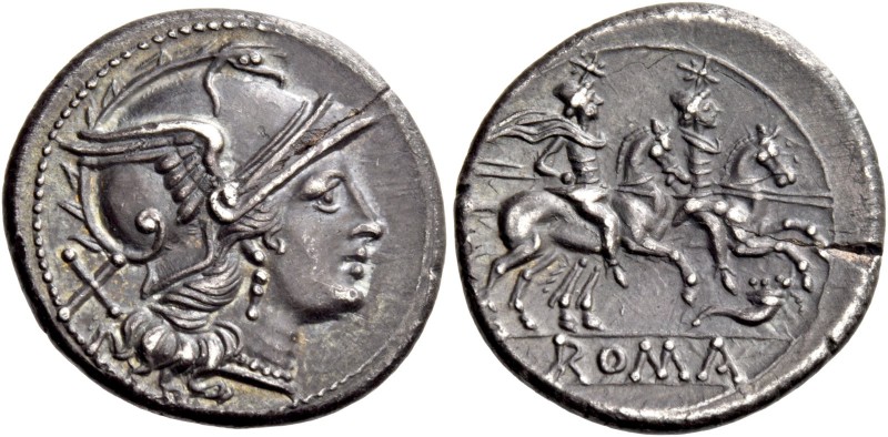 Cornucopiae (first) series. Denarius circa 207, AR 4.02 g. Helmeted head of Roma...