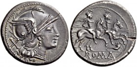 Cornucopiae (first) series. Denarius circa 207, AR 4.02 g. Helmeted head of Roma r.; behind, X. Rev. The Dioscuri galloping r.; below, cornucopiae and...