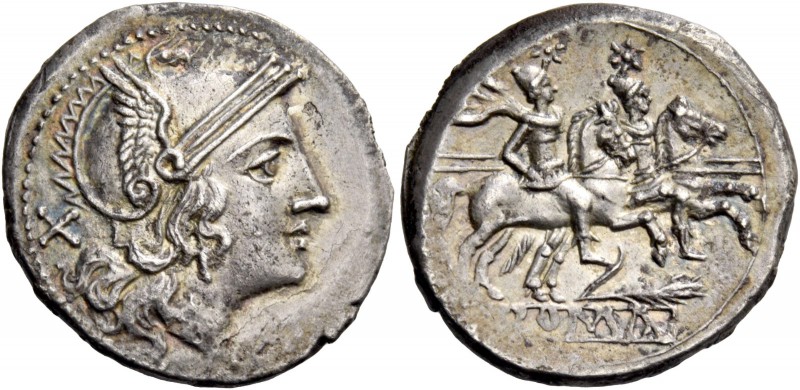 Corn-ear (third) series. Denarius, Sicily circa 211-210, AR 4.10 g. Helmeted hea...