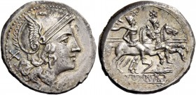 Corn-ear (third) series. Denarius, Sicily circa 211-210, AR 4.10 g. Helmeted head of Roma r.; behind, X. Rev. The Dioscuri galloping r.; below, corn e...
