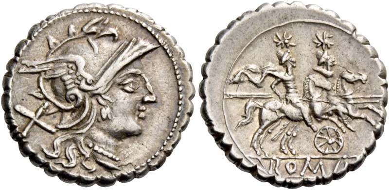 Six-spoked wheel series. Denarius serratus, Sicily (?) circa 209-208, AR 4.39 g....