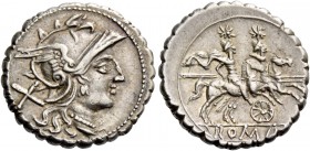 Six-spoked wheel series. Denarius serratus, Sicily (?) circa 209-208, AR 4.39 g. Helmeted head of Roma r.; behind, X. Rev. The Dioscuri galloping r.; ...