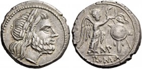 MP series. Victoriatus, uncertain mint circa 211-208, AR 3.37 g. Laureate head of Jupiter r. Rev. Victory crowning trophy; in lower field, MP ligate a...