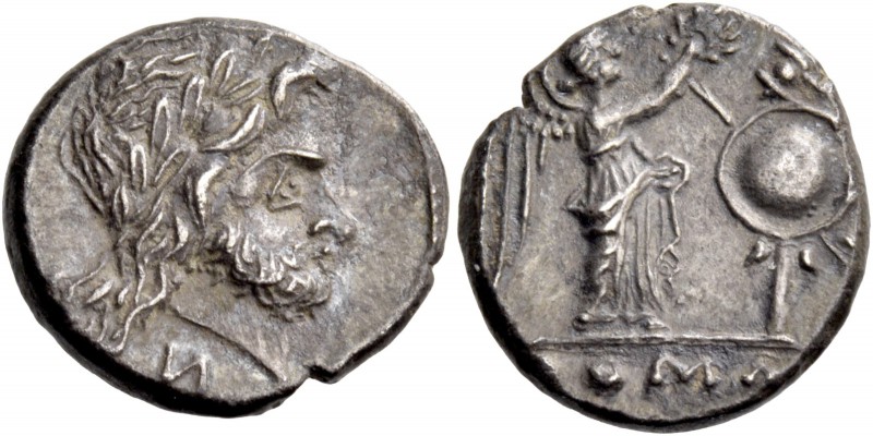 Victoriatus, Campania (?) circa 211-208, AR 3.40 g. Laureate head of Jupiter r.;...