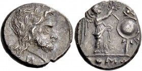 Victoriatus, Campania (?) circa 211-208, AR 3.40 g. Laureate head of Jupiter r.; below head, И. Rev. Victory crowning trophy; in exergue, ROMA. Sydenh...