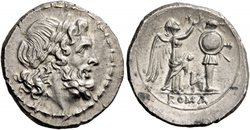 L series. Victoriatus, Luceria circa 214-212, AR 3.19 g. Laureate head of Jupite...