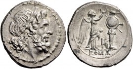 L series. Victoriatus, Luceria circa 214-212, AR 3.19 g. Laureate head of Jupiter r. Rev. Victory crowning trophy; in lower field, L and in exergue, R...