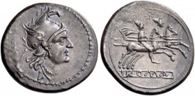 L – T series. Quinarius, Luceria 214-212, AR 2.17 g. Head of Roma r., wearing Phrygian helmet; behind, V and below, L. Rev. The Dioscuri galloping r.;...