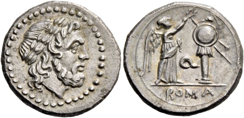 Q series. Victoriatus, Apulia (?) 211-210, AR 3.42 g. Laureate head of Jupiter r...