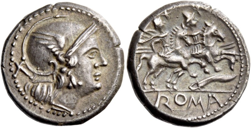 Knife (first) series. Denarius, Central Italy (?) circa 211-208, AR 4.38 g. Helm...
