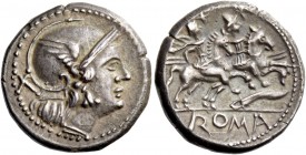 Knife (first) series. Denarius, Central Italy (?) circa 211-208, AR 4.38 g. Helmeted head of Roma r.; behind, X. Rev. The Dioscuri galloping r.; below...
