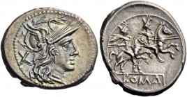 Denarius circa 179-170, AR 3.99 g. Helmeted head of Roma r.; behind, X. Rev. The Dioscuri galloping r; below, ROMA in partial tablet. Sydenham 311. RB...