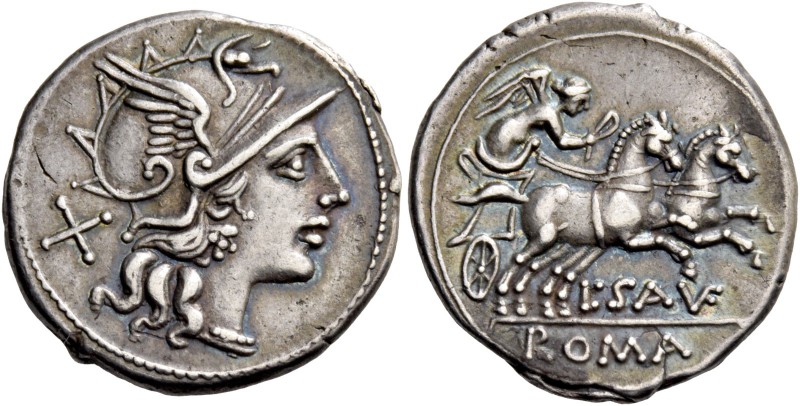 L. Saufeius. Denarius 152, AR 3.64 g. Helmeted head of Roma r.; behind, X. Rev. ...