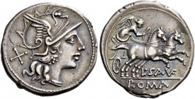 L. Saufeius. Denarius 152, AR 3.64 g. Helmeted head of Roma r.; behind, X. Rev. Victory in prancing r.; below, L·SAVF and in exergue, ROMA. Babelon Sa...