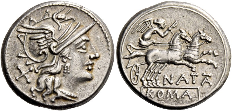 Pinarius Natta. Denarius 149, AR 3.53 g. Helmeted head of Roma r.; behind, X. Re...