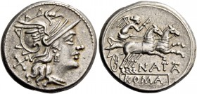 Pinarius Natta. Denarius 149, AR 3.53 g. Helmeted head of Roma r.; behind, X. Rev. Victory in biga r., holding reins and whip; below, NATTA; in exergu...