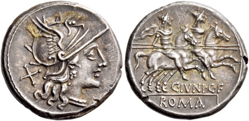 C. Iunius C. f. Denarius 149, AR 4.26 g. Helmeted head of Roma r., behind, X. Re...