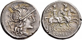 C. Iunius C. f. Denarius 149, AR 4.26 g. Helmeted head of Roma r., behind, X. Rev. The Dioscuri galloping r.; below horses, C·IVNI·C·F and ROMA in par...