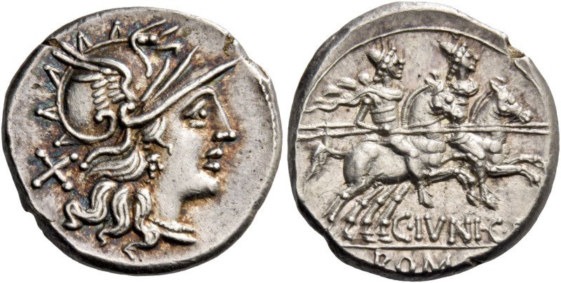C. Iunius C.f. Denarius 149, AR 3.83 g. Helmeted head of Roma r., behind, X. Rev...