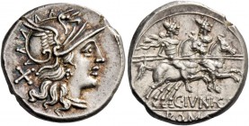 C. Iunius C.f. Denarius 149, AR 3.83 g. Helmeted head of Roma r., behind, X. Rev. The Dioscuri galloping r.; below horses, C·IVNI·C·F and ROMA in part...