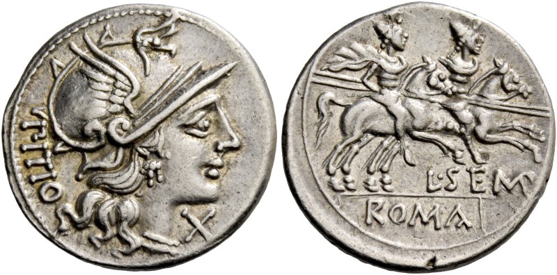 L. Sempronius Pitio. Denarius 148, AR 3.60 g. Helmeted head of Roma r.; behind, ...