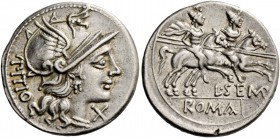 L. Sempronius Pitio. Denarius 148, AR 3.60 g. Helmeted head of Roma r.; behind, PITIO and below chin, X. Rev. The Dioscuri galloping r.; below, L·SEMP...