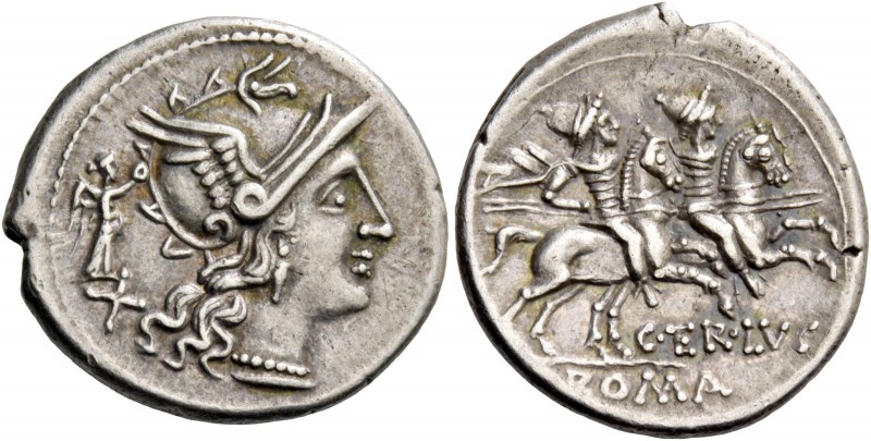 C. Terentius Lucanus. Denarius 147, AR 3.87 g. Helmeted head of Roma r., wreathe...