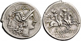 C. Terentius Lucanus. Denarius 147, AR 3.87 g. Helmeted head of Roma r., wreathed by Victory standing r. behind her. In lower l. field, X. Rev. The Di...