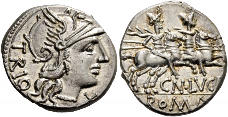 Cn. Lucretius Trio. Denarius 136, AR 3.86 g. Helmeted head of Roma r.; below chi...