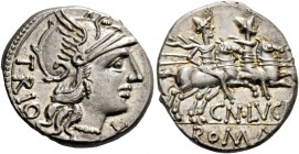 Cn. Lucretius Trio. Denarius 136, AR 3.86 g. Helmeted head of Roma r.; below chin, X and behind, TRIO. Rev. The Dioscuri galloping r., below, CN·LVC[R...