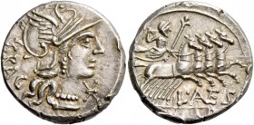 L. Antestius Gragulus. Denarius 136, AR 4.00 g. Helmeted head of Roma r.; below chin, * and behind, GRAG. Rev. Jupiter in fast quadriga r., hurling th...
