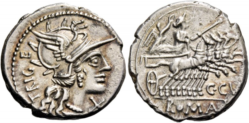 C. Curatius f. Tregeminus. Denarius 135, AR 4.08 g. Helmeted head of Roma r.; be...