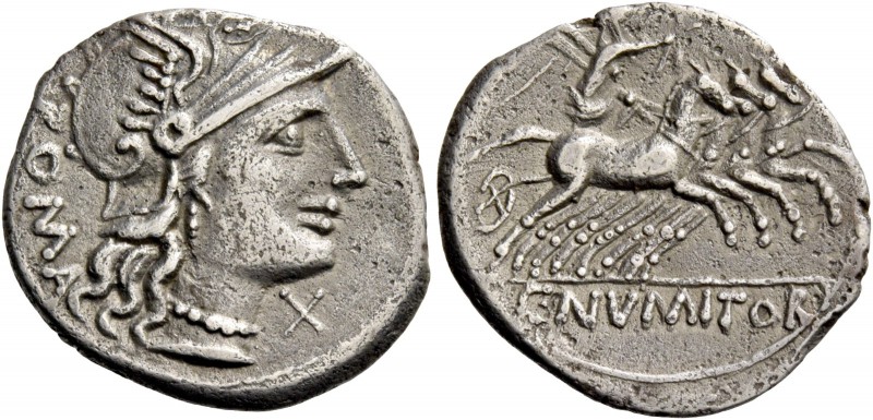 C. Numitorius C.f. Lem. Denarius 133, AR 3.20 g. Helmeted head of Roma r.; behin...
