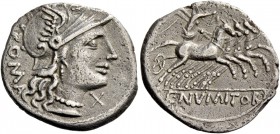 C. Numitorius C.f. Lem. Denarius 133, AR 3.20 g. Helmeted head of Roma r.; behind, ROMA and below chin, X. Rev. Victory in prancing quadriga r., holdi...