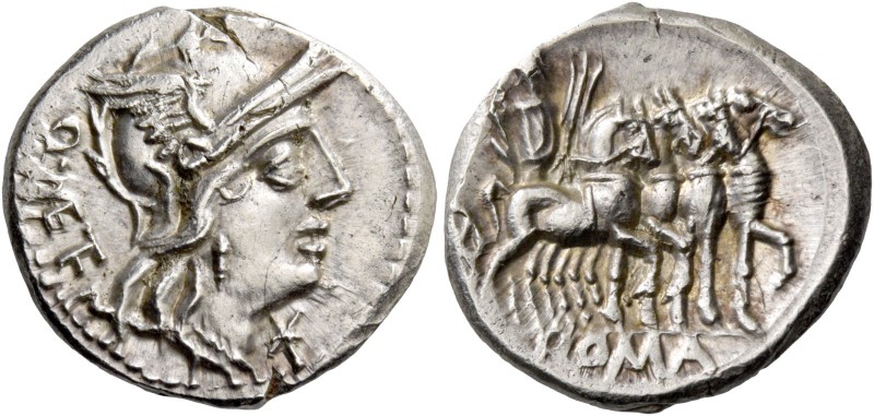 Q. Caecilius Metellus. Denarius 130, AR 3.96 g. Helmeted head of Roma r.; below ...