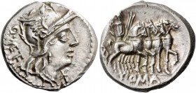 Q. Caecilius Metellus. Denarius 130, AR 3.96 g. Helmeted head of Roma r.; below chin, *and behind, Q·METE. Rev. Jupiter in slow quadriga r., holding t...