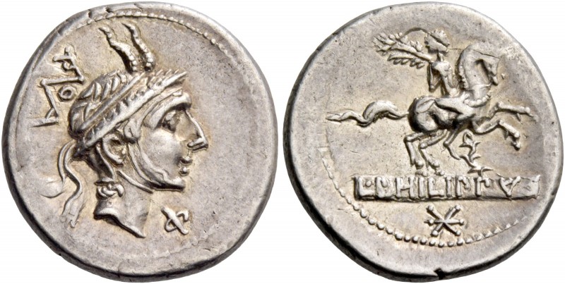L. Marcius Philippus. Denarius 113 or 112, AR 3.80 g. Male head r., wearing diad...
