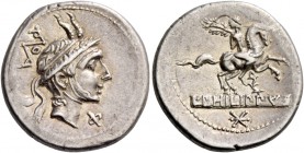 L. Marcius Philippus. Denarius 113 or 112, AR 3.80 g. Male head r., wearing diademed helmet with goat horns; below chin, Φ. Behind head, monogram ROMA...