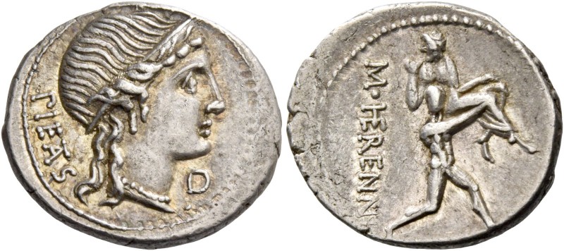 M. Herennius. Denarius 108 or 107, AR 3.87 g. PIETAS Diademed head of Pietas r.;...