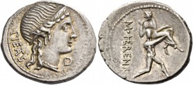 M. Herennius. Denarius 108 or 107, AR 3.87 g. PIETAS Diademed head of Pietas r.; before, D. Rev. M·HERENNI One of the Catanean brothers running r., ca...