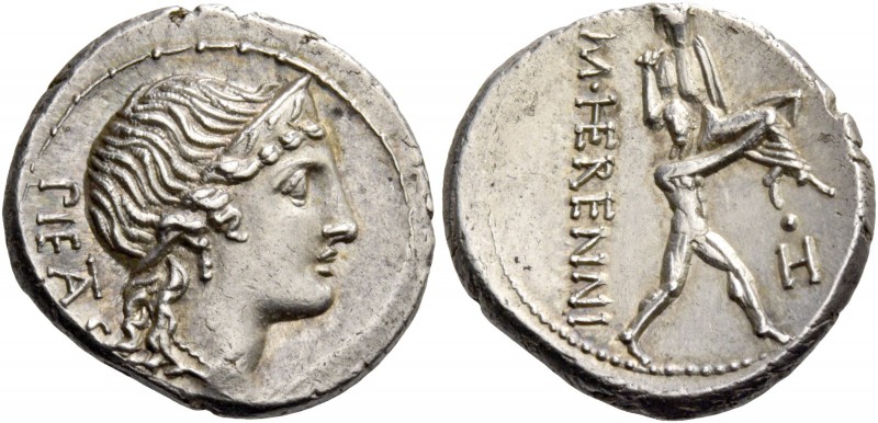 M. Herennius. Denarius 108 or 107, AR 3.90 g. PIETAS Diademed head of Pietas r. ...